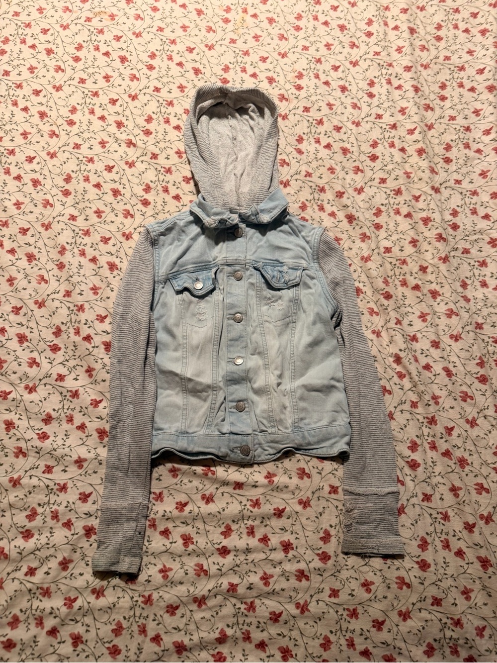 Mossimo Supply Co. Light Blue Denim Jacket with Gray Knit Hoodie & Sleeves
